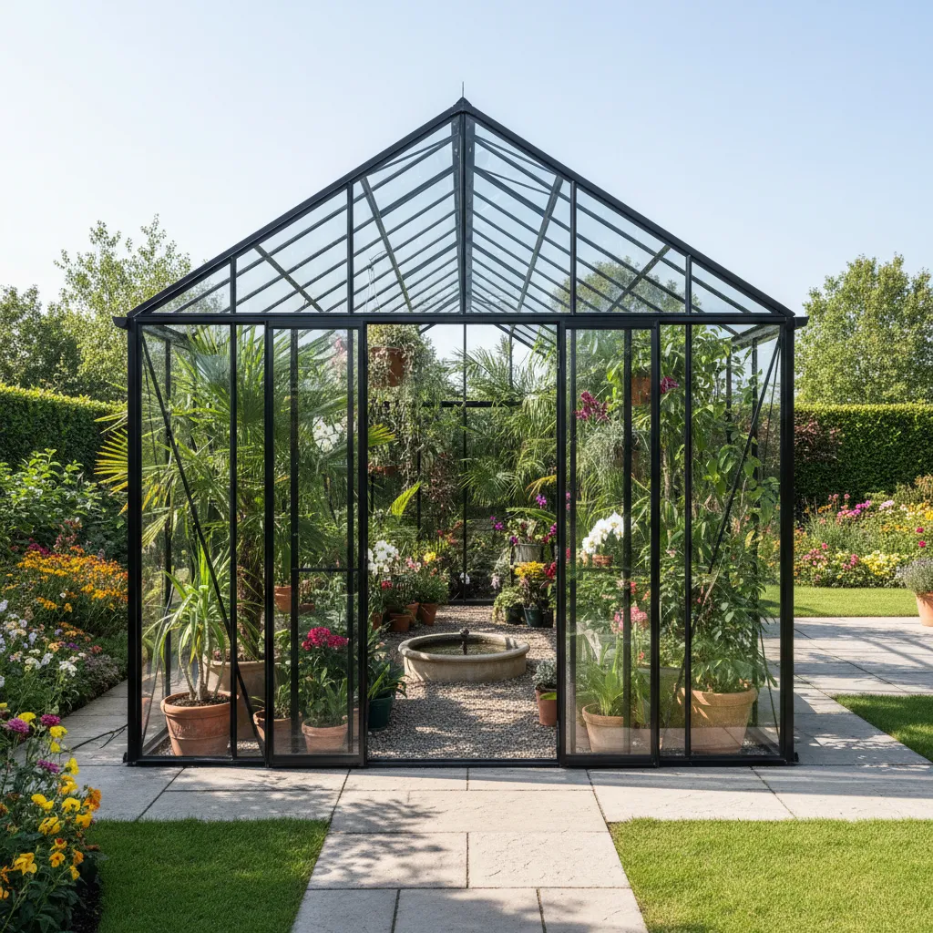 Modernes Gewächshaus aus Glas mit durchsichtigen Scheiben, Aluminium-Rahmen und Pflanzen im Inneren, von Sonnenlicht durchflutet