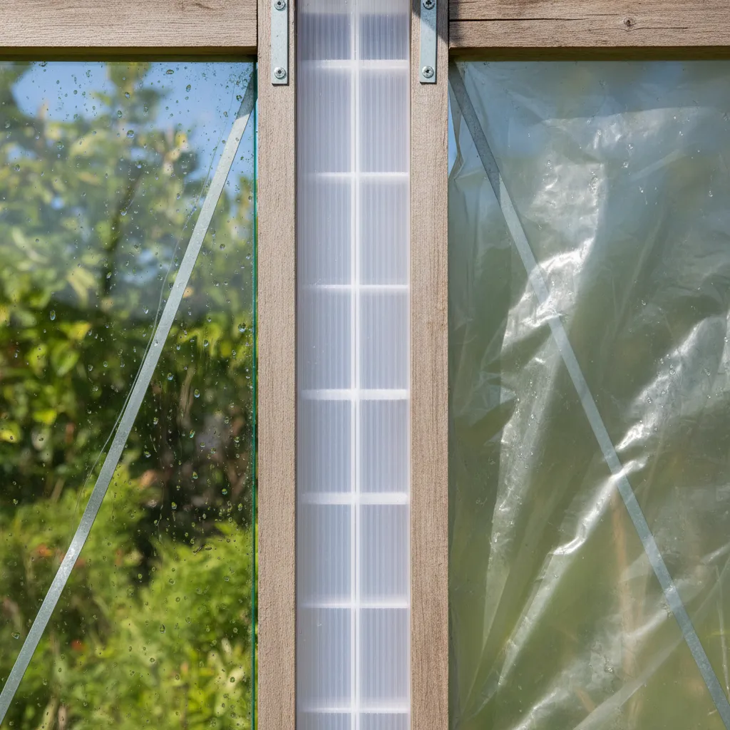 Detaillierter Vergleich von Gewächshausmaterialien: Glas, Kunststoff-Doppelstegplatten und Folienabdeckung nebeneinander