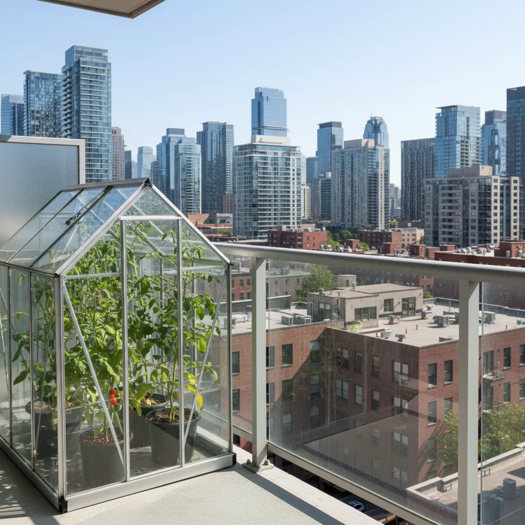 Modernes Gewächshaus aus Glas auf einem Balkon in der Stadt mit Tomatenpflanzen und Aluminium-Rahmen