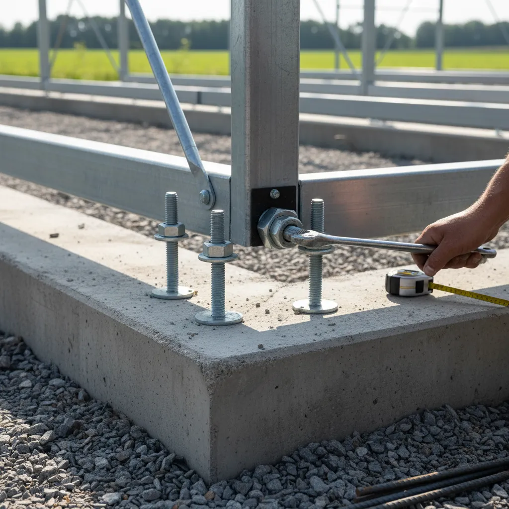 Detailaufnahme der Gewächshaus-Fundament-Verankerung mit Betonankern und Metallrahmen-Verbindung