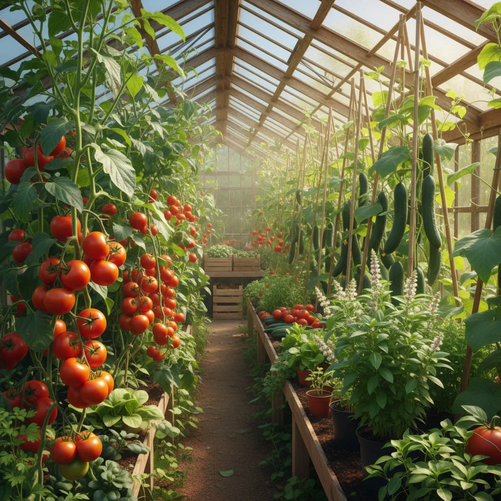 Gewächshaus Bepflanzung im Sommer: Reife Tomaten, Gurken am Rankgitter und blühendes Basilikum – die intensive Ernte- und Wachstumsphase