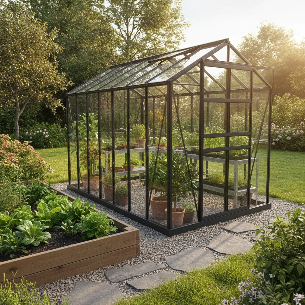 Hochwertiges Gewächshaus aus Glas mit Aluminiumrahmen an sonnigem Standort im Garten – ideale Bedingungen für Pflanzenwachstum