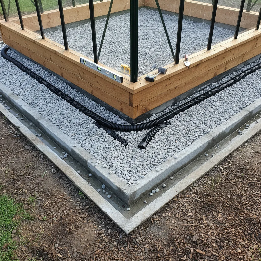 Detail eines Gewächshaus-Fundaments mit sichtbarem Entwässerungssystem und Kiesbett