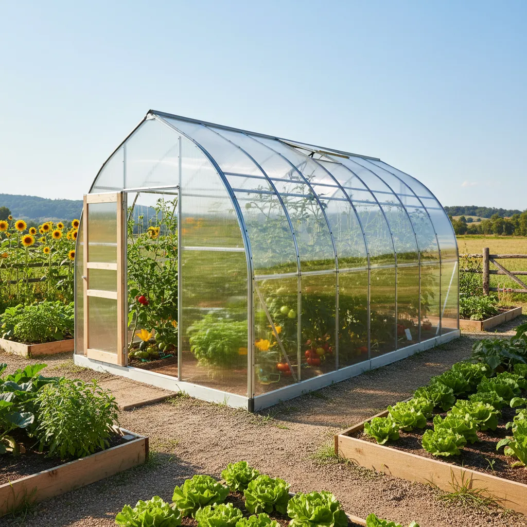 Funktionierendes Gewächshaus mit Polycarbonat-Hohlkammerplatten und gesundem Gemüseanbau von Tomaten und Salat