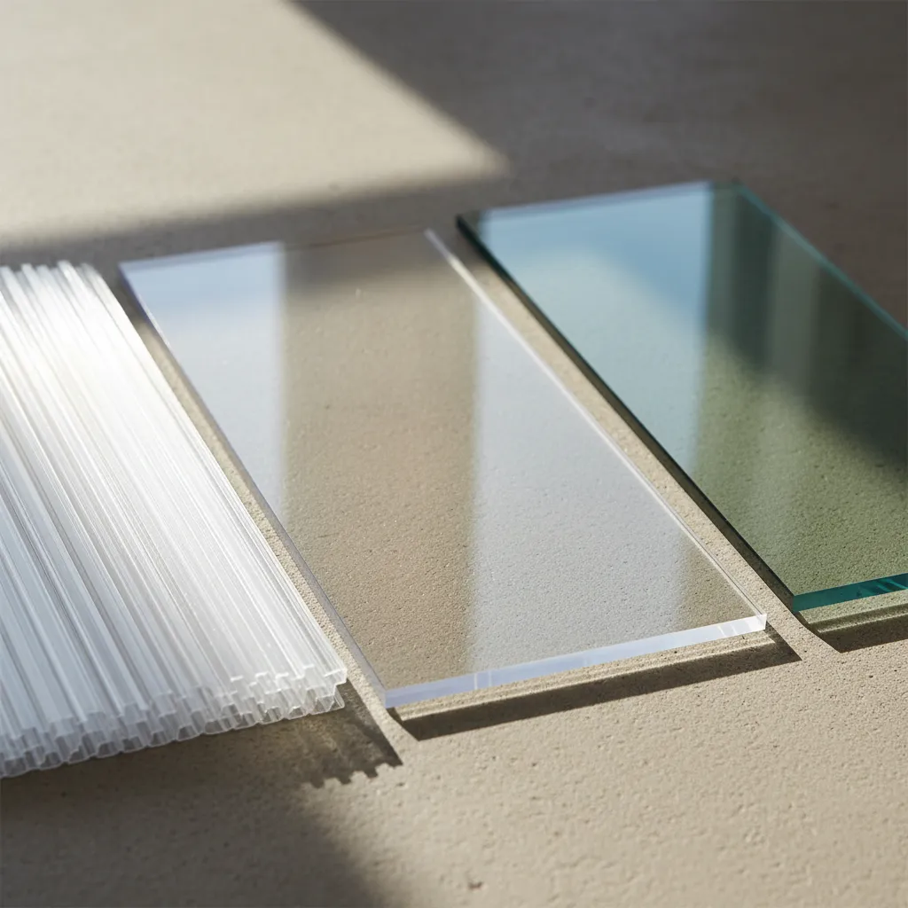 Vergleich von Gewächshausplatten-Materialien: Polycarbonat mit Hohlkammern, Plexiglas und Glas nebeneinander mit Lichtdurchlässigkeit