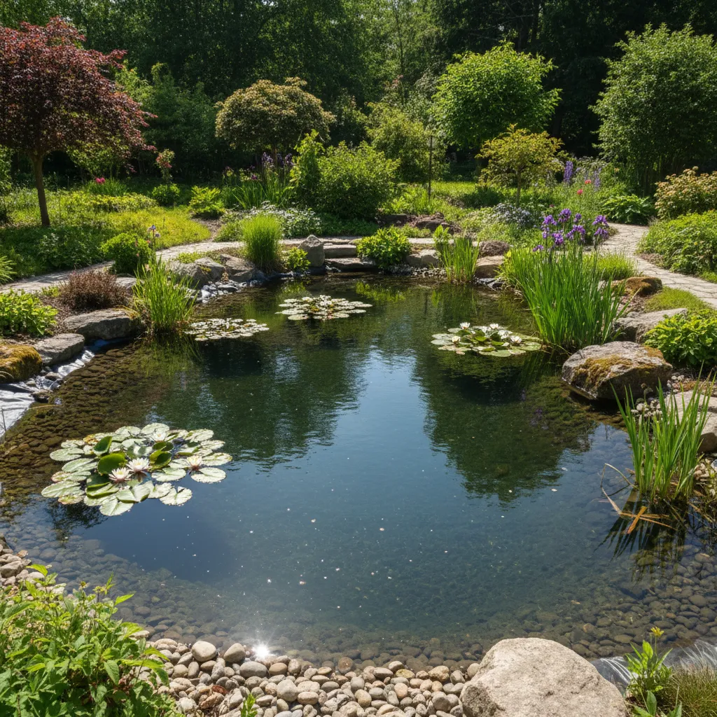 Fertig gebauter GFK-Gartenteich mit klarem Wasser und Wasserpflanzen, glatte dunkle Oberfläche sichtbar