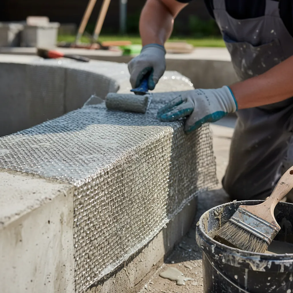 Detailaufnahme einer GFK-Laminierschicht beim Aufbringen auf Beton mit sichtbarem Glasfasergeflecht und Harzauftrag