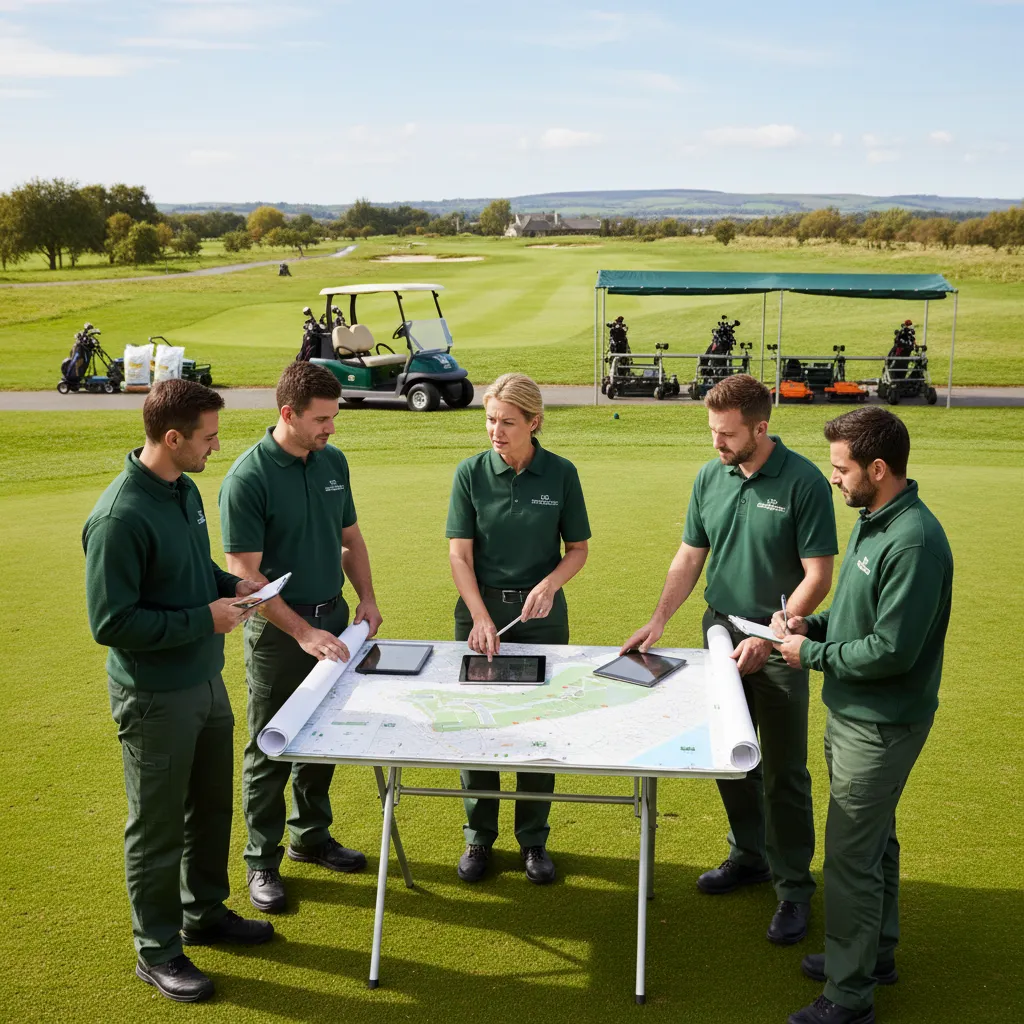 Head-Greenkeeper leitet Team ein und plant Rasenpflegemaßnahmen, zeigt organisatorische Aufgaben und Berufspraxis von Greenkeepern