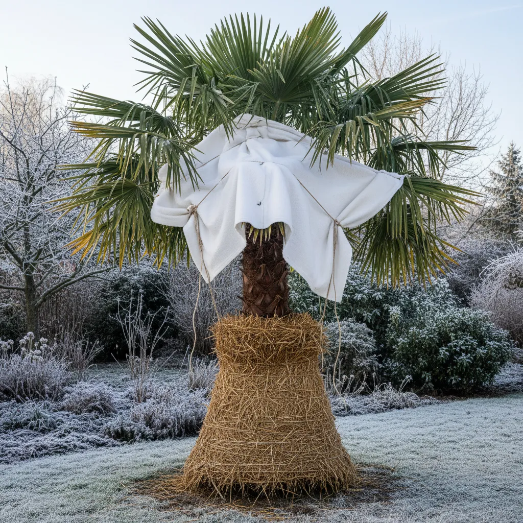 Hanfpalme mit Winterschutz: Das Palmenherz ist mit hellem Vlies und Stroh eingepackt zum Schutz vor Frost und Nässe