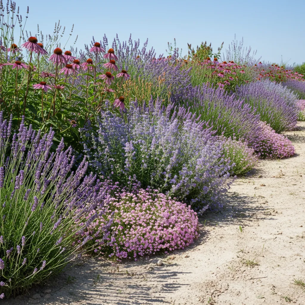 Sonniges Gartenbeet mit hitzeresistenten Pflanzen: Lavendel, Thymian, Katzenminze und Purpursonnenhut in voller Sonne, Magerstandort mit trockenem Boden