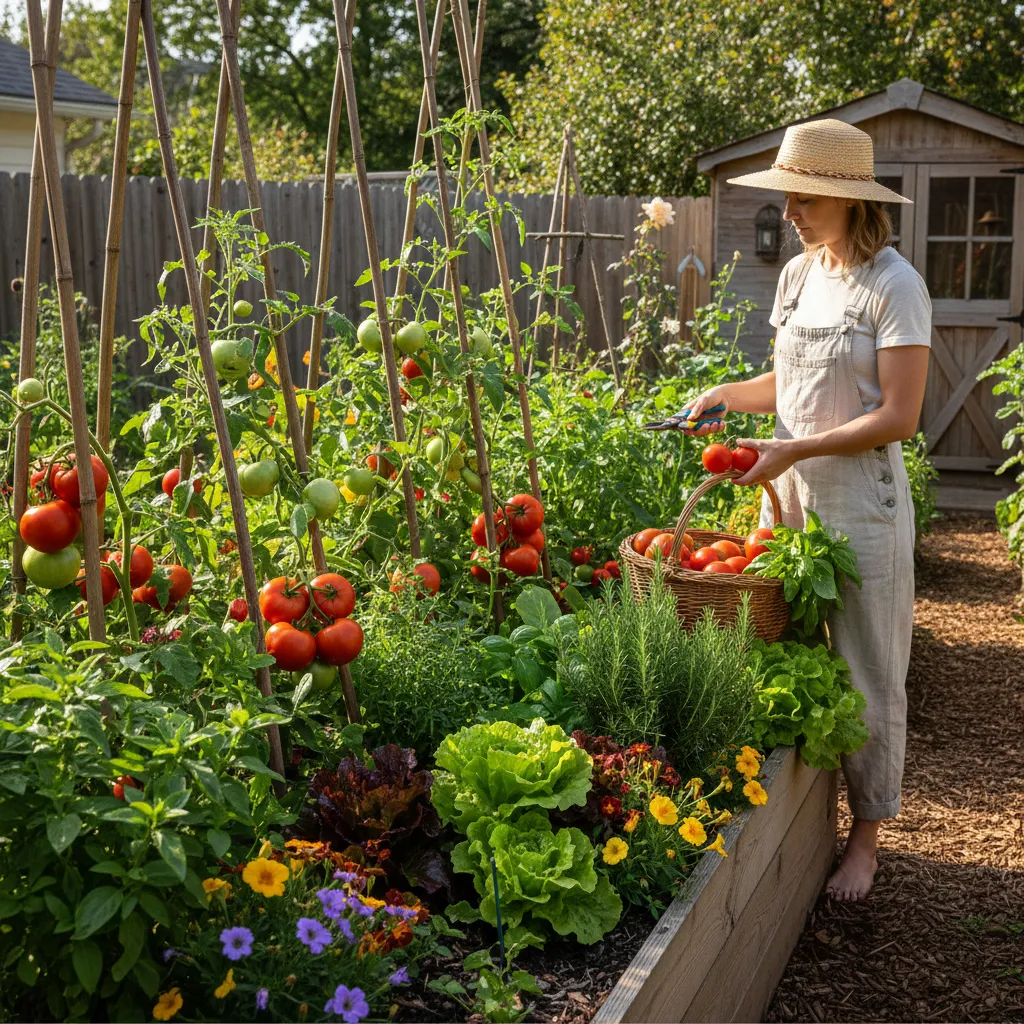 Üppig bepflanztes Hochbeet mit Tomaten, Salat und Kräutern im Sommer – erfolgreiche Gemüse-Anbau im Hochbeet mit reicher Ernte