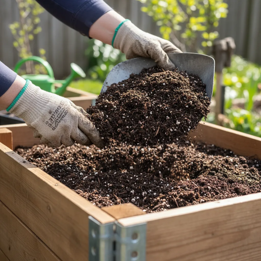 Praktische Befüllung eines Hochbeetes mit hochwertiger Gartenerde und Kompost-Mischung