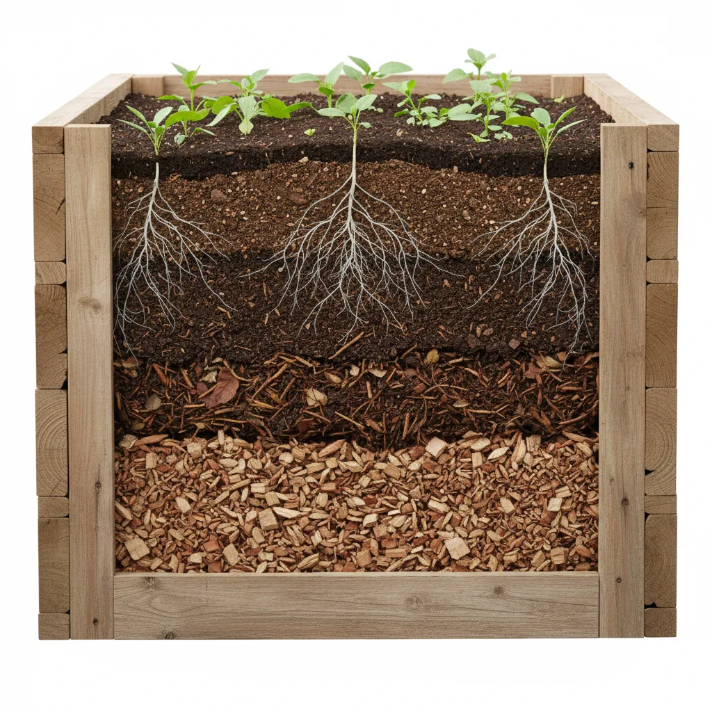 Querschnitt eines Hochbeets mit deutlich sichtbaren Schichten: Holz, Gartenabfälle, Kompost und Blumenerde