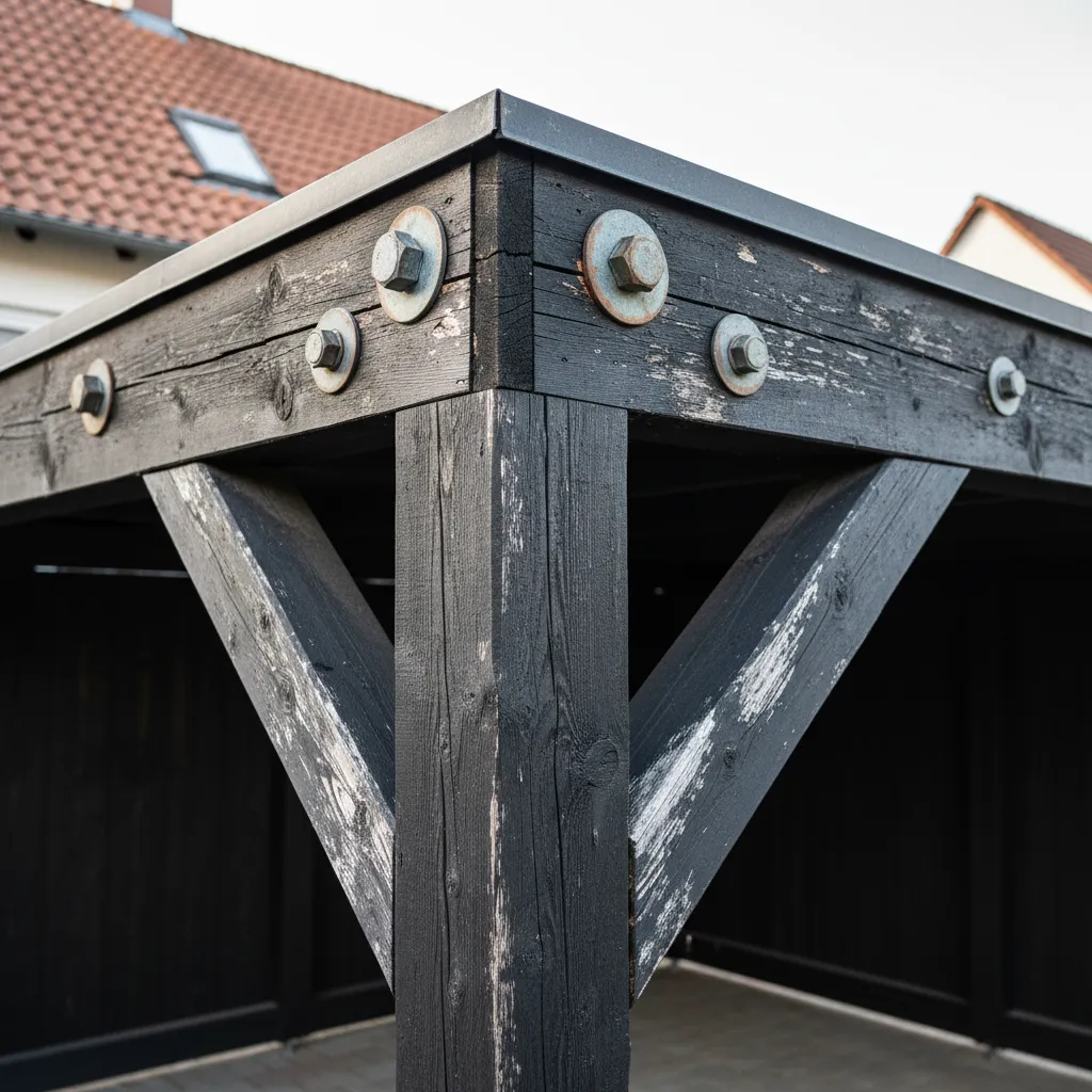 Detailaufnahme der Holzcarport-Konstruktion mit Pfosten, Metallbeschlägen und Schraubverbindungen, zeigt Holzbearbeitung und Witterungseinflüsse