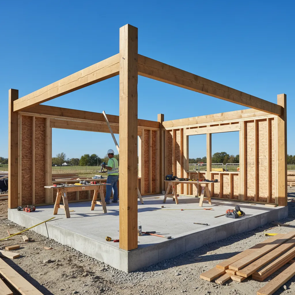 Bauprozess einer Holzgarage: Betoniertes Fundament, aufgerichtete Holzeckpfeiler und Balkengerüst für die Garagenkonstruktion