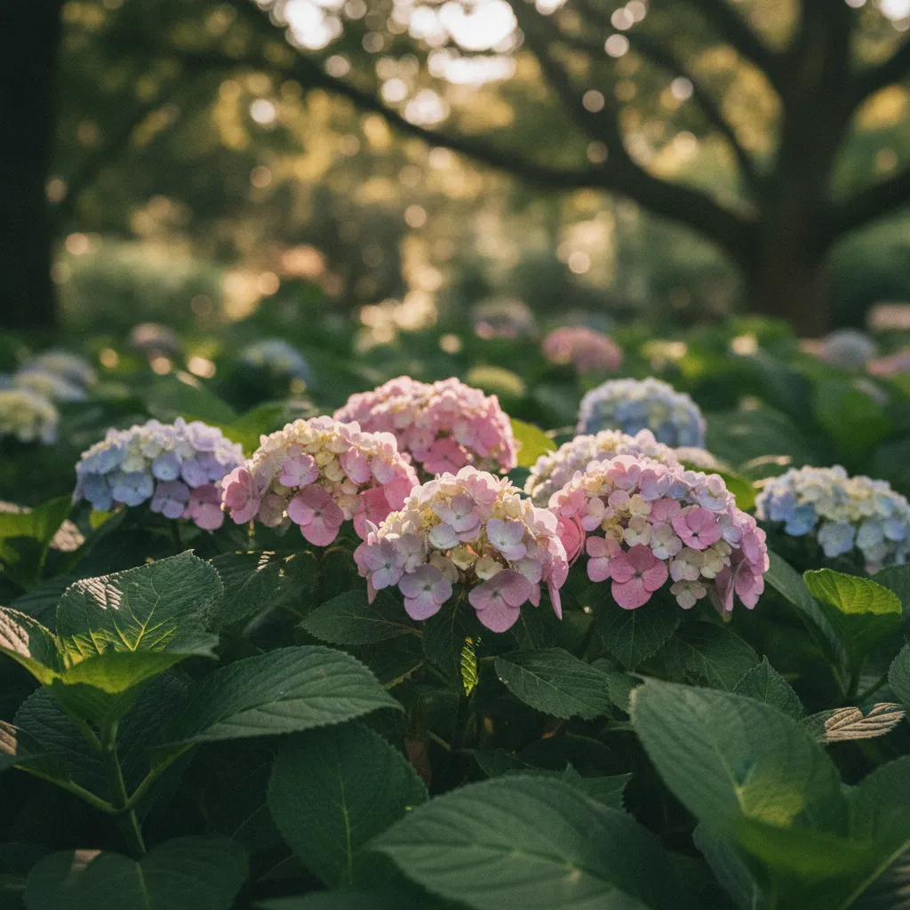 Blühende Hortensien mit blauen und rosa Blüten in einem halbschattigen Garten, umgeben von grünem Laub