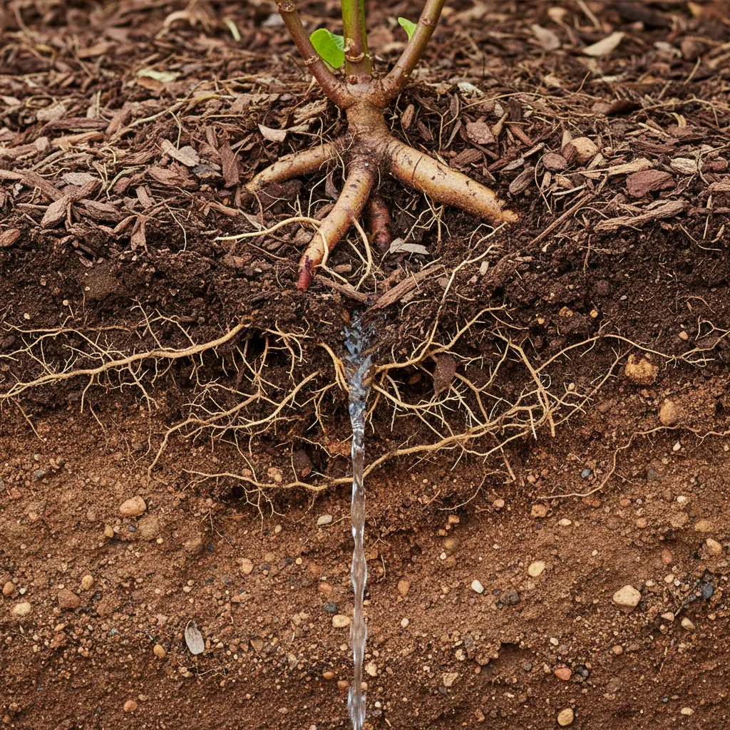 Hortensienboden mit idealer Drainage: Humusreiche, durchlässige Erde mit Mulchschicht und saurem pH-Wert