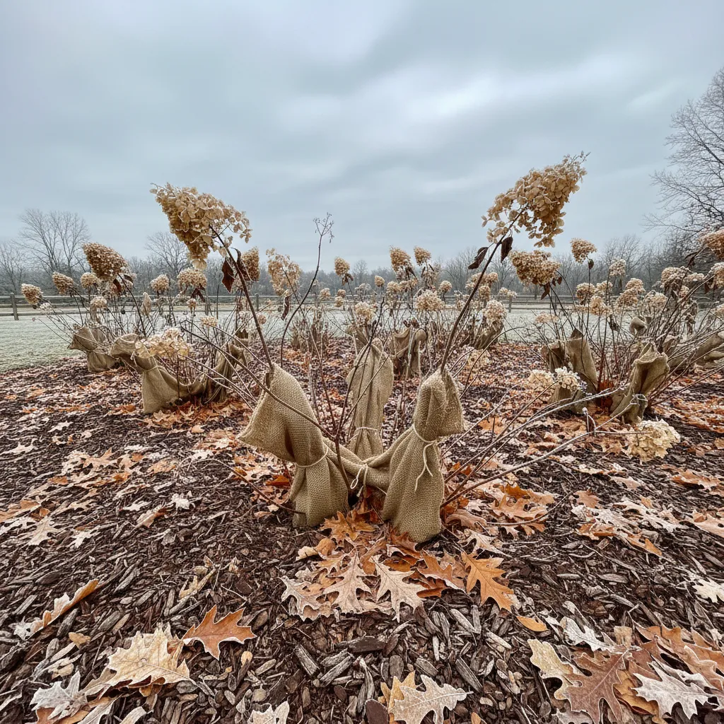 Hortensien im Garten mit Laubdecke, Reisig und Wintervlies zum Schutz vor Frost und Kälte