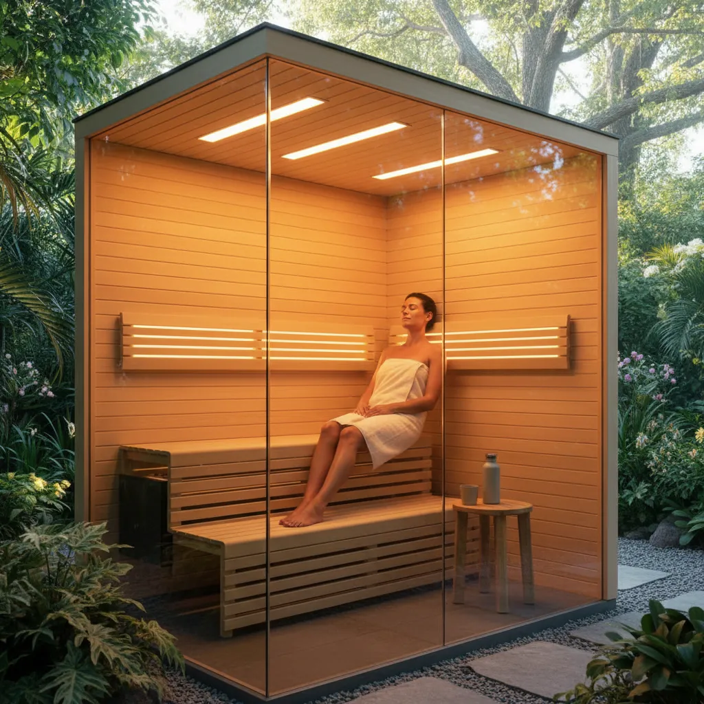 Infrarotsauna im Garten mit eingebauten Infrarotstrahlern an Wand und Decke, warmes amber Licht, Person entspannt darin