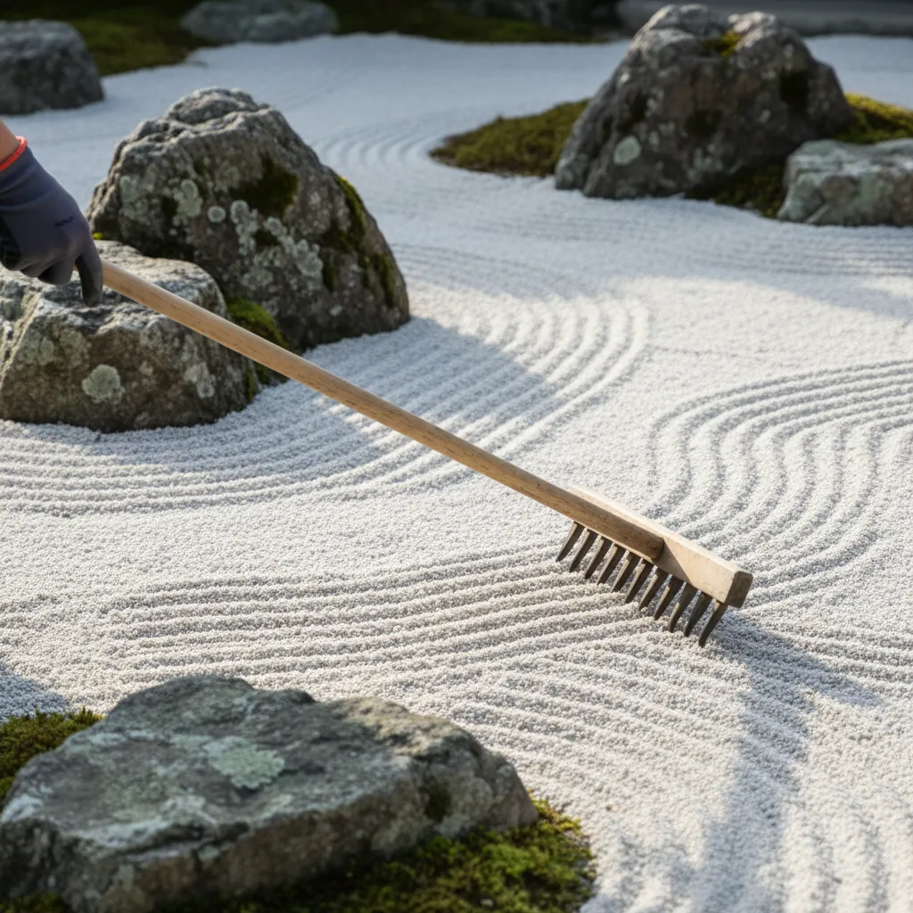 Detail eines japanischen Steingartens beim Harken: fein gezeichnete Kies-Linien, Holzharke, Moos auf Steinen, meditative Gartenpraxis