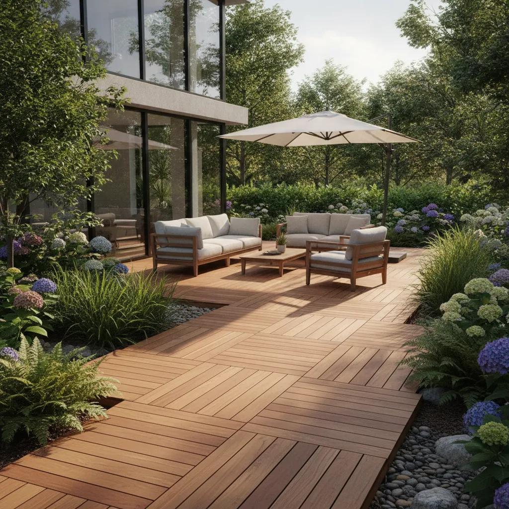 Fertig verlegte Terrasse mit Thermokiefer-Dielen in warmem Braun, Loungemöbel und Bepflanzung, zeitgemäße Gartengestaltung