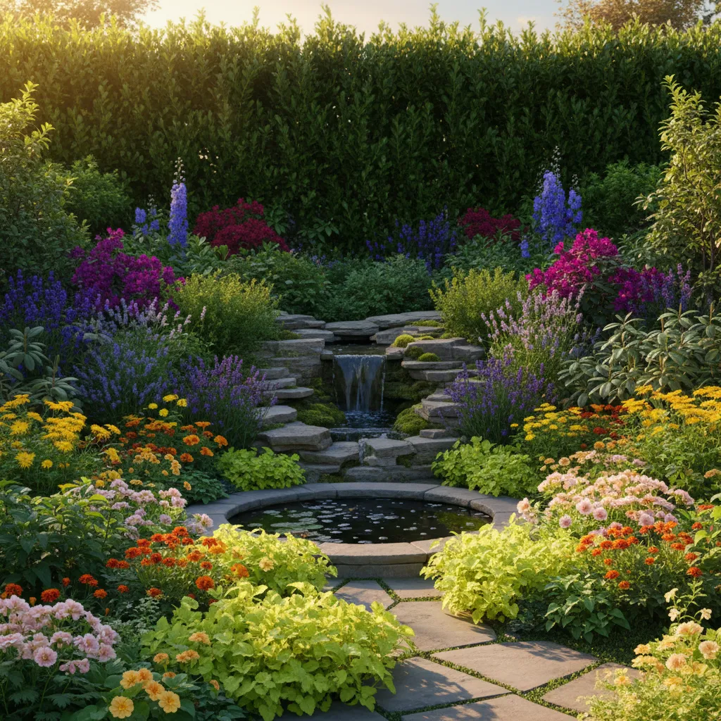 Kleine Gartengestaltung mit Schichtung: dunkle Hecken hinten, helle Blüten vorne, Mini-Teich schafft optische Tiefe – praktische Idee zum Garten anlegen