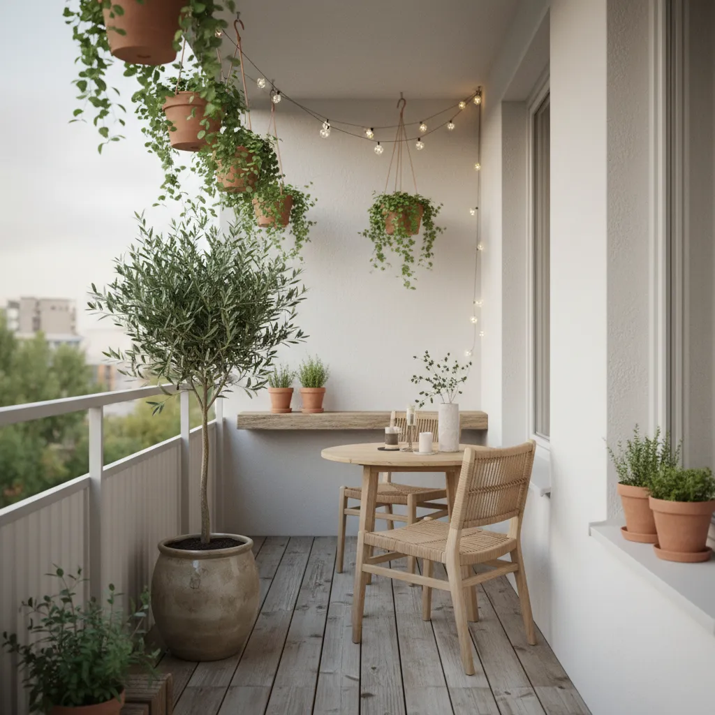 Kleine Terrasse gemütlich gestalten: Kompakte Sitzgruppe mit Hängepflanzen und warmem Licht