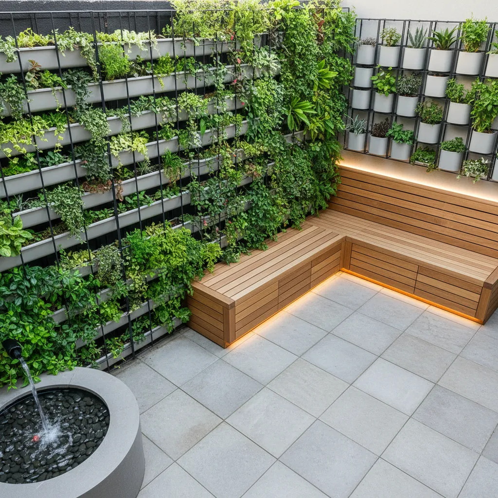 Kleine Terrasse gestalten mit vertikalen Pflanzen und moderner Ausstattung
