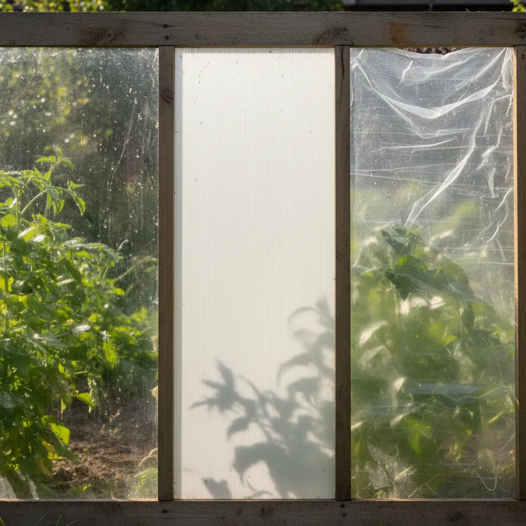 Vergleich von Gewächshaus-Materialien: klares Glas, weiße HKP-Polycarbonate und Kunststoff mit Lichttransmission sichtbar