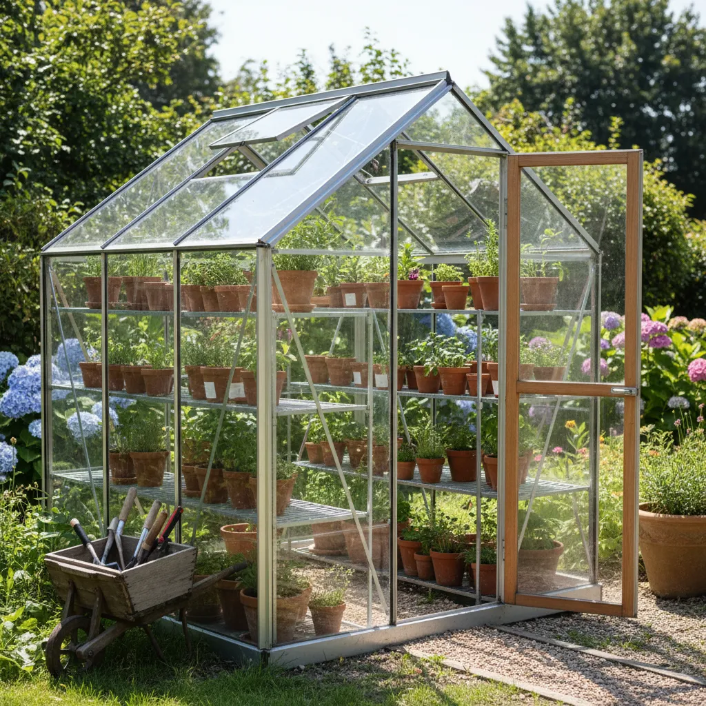 Kleines Gewächshaus aus Glas im sonnigen Garten mit Regalen und offener Tür, Seitenansicht des 2x1,5 Meter Modells in tagsüber