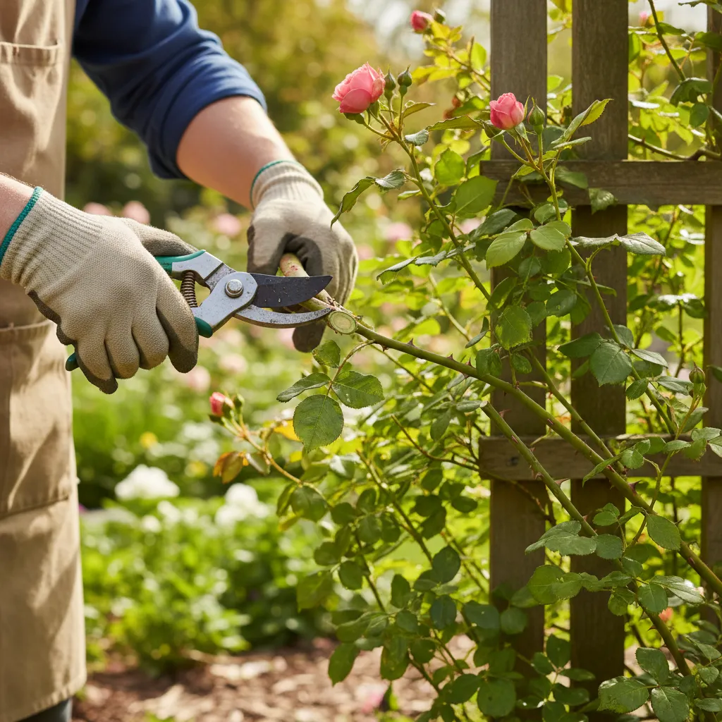 Gärtner schneidet Kletterrose mit scharfer Rosenschere im Frühjahr, professionelle Schnitttechnik