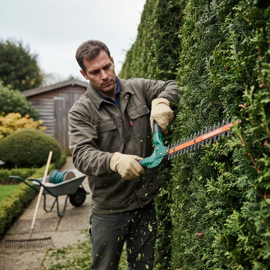 Professioneller Gärtner schneidet Koniferen-Hecke mit scharfer Heckenschere bei bedecktem Himmel – korrekte Schnitttechnik im grünen Nadelbereich