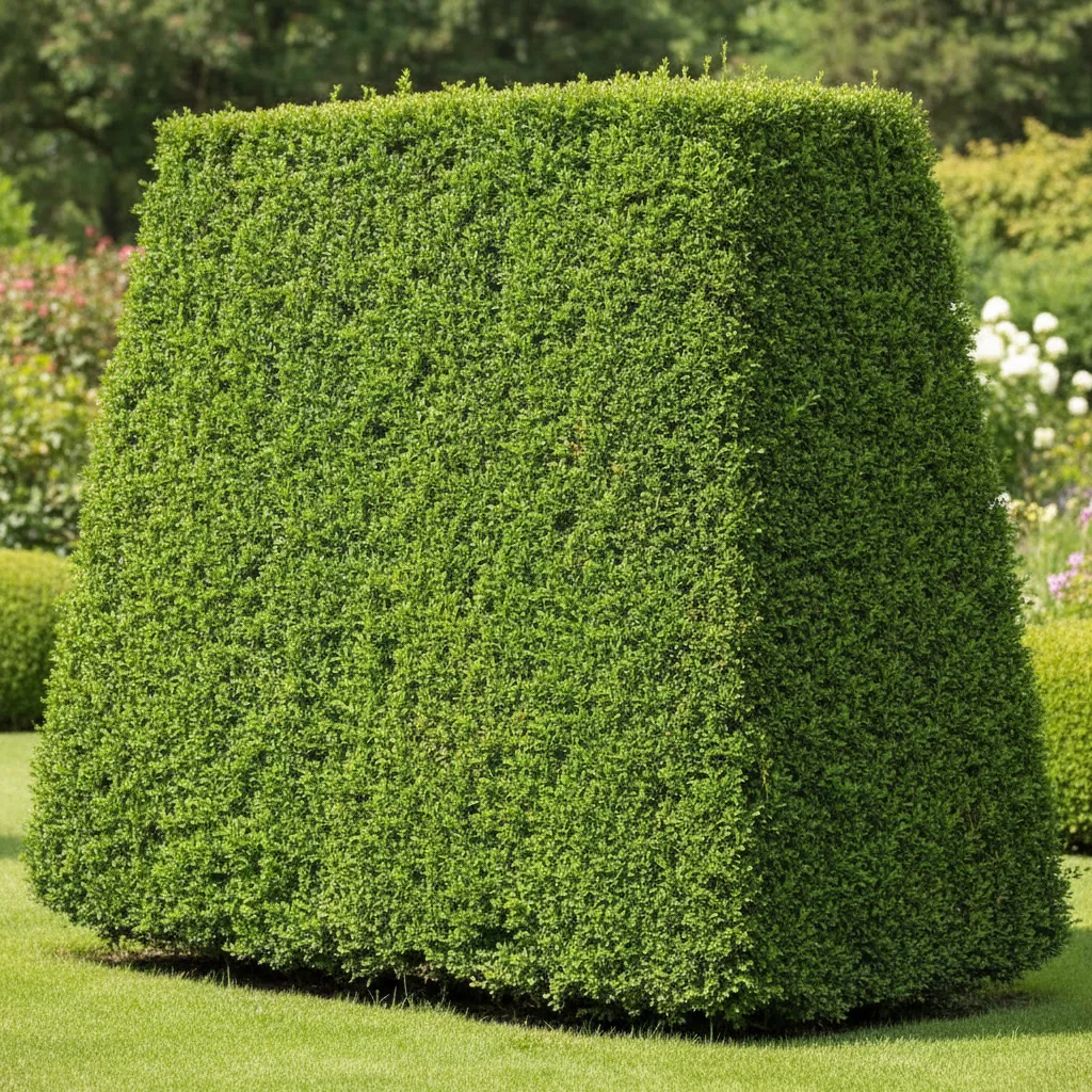Perfekt gepflegte Koniferen-Hecke mit trapezförmigem Profil – breite Basis, schmale Krone, dichter Nadelwuchs als Ergebnis regelmäßiger Schnitte