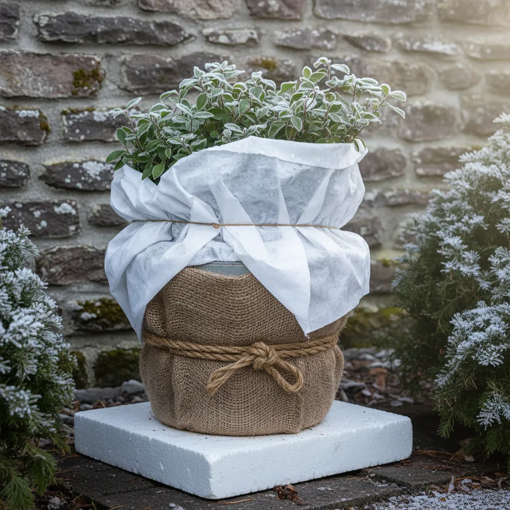 Kübelpflanze mit Winterschutz aus Gartenvlies und Jute umwickelt, auf Styroporplatte vor Hauswand platziert