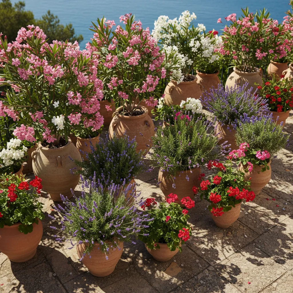 Sonnige Terrasse mit Kübelpflanzen: Oleander, Lavendel und Geranium in Blüte unter praller Sonne