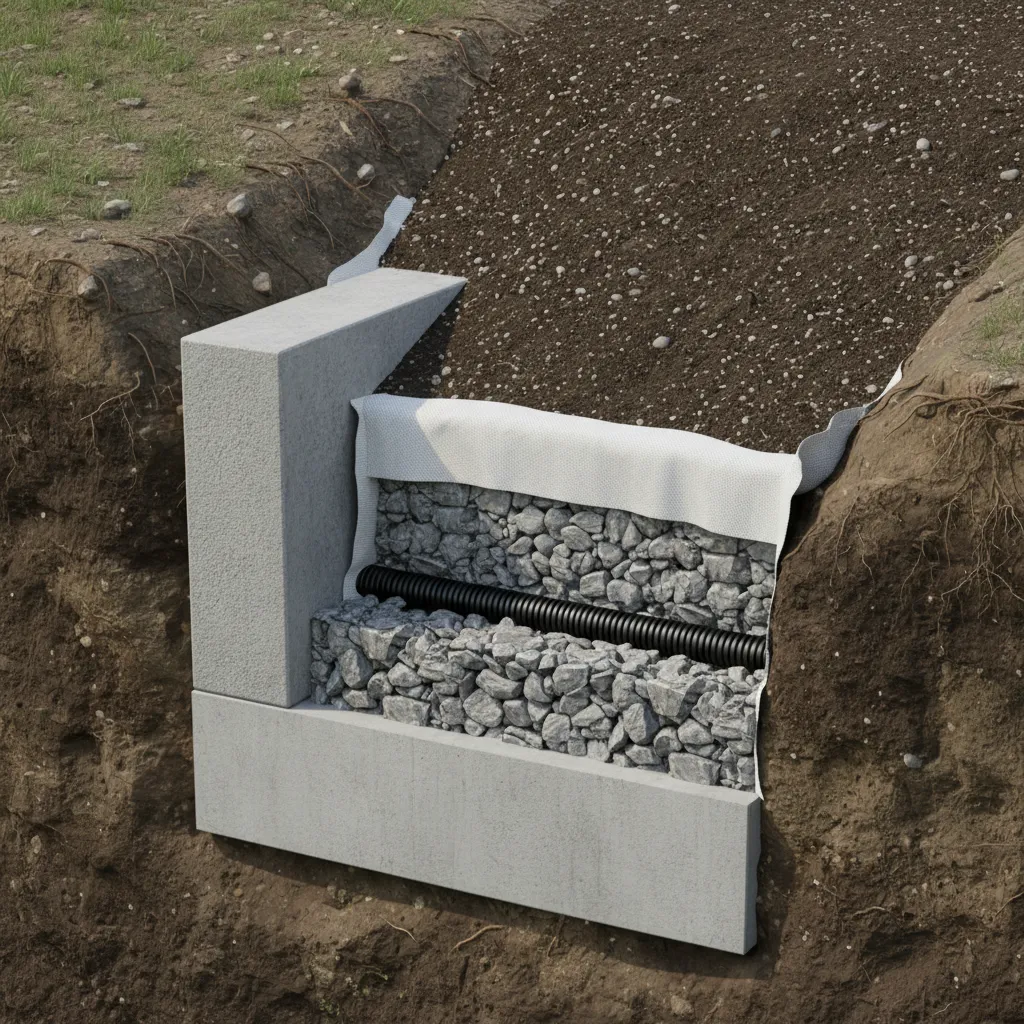Querschnitt eines L-Stein-Aufbaus mit Fundament, Drainage und Hinterfüllung zur Hangbefestigung