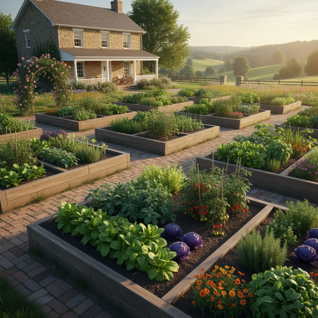 Landhausgarten mit Gemüsebeeten und Nutzpflanzen, rustikale Gartengestaltung