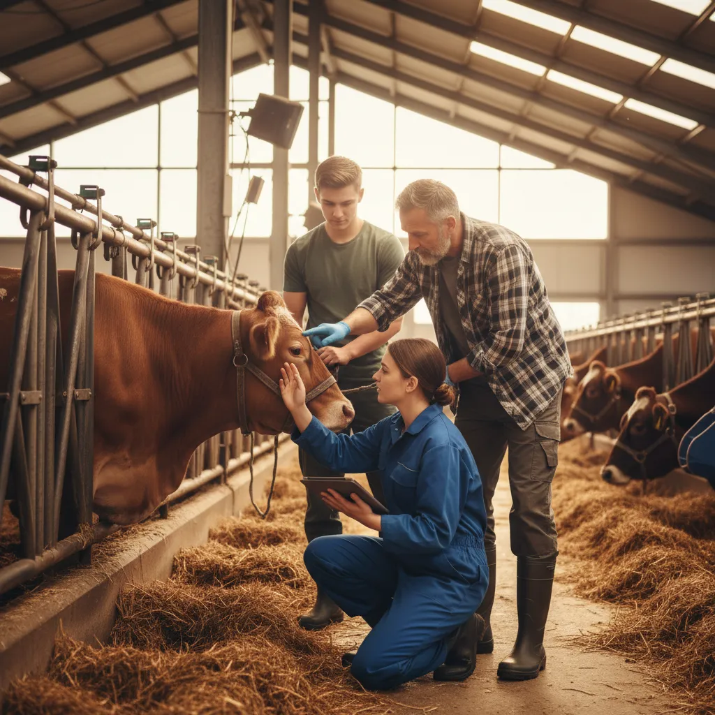 Auszubildender und Ausbilder in modernem Stall bei der Tierpflege – zeigt die praktische Duale Ausbildung zum Landwirt