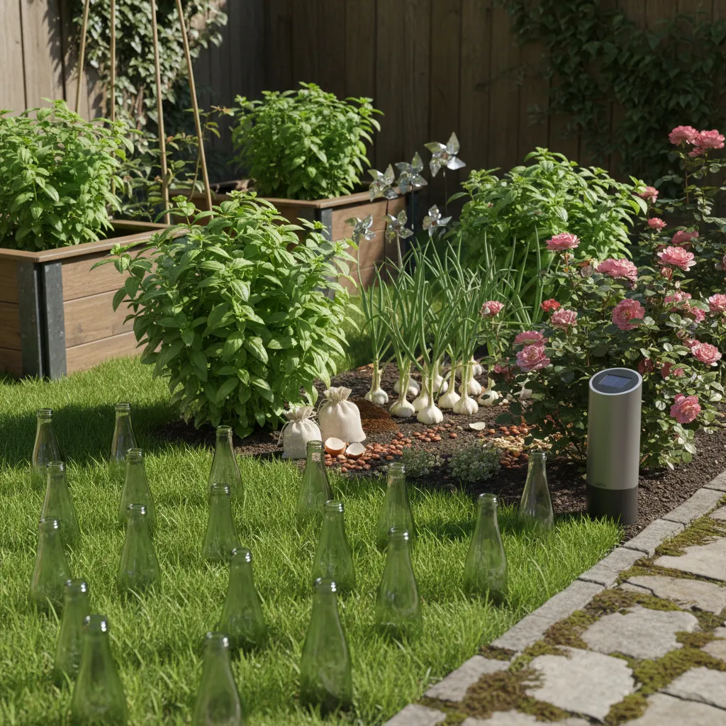 Verschiedene Methoden zur Maulwurfbekämpfung im Garten: Flaschen, Knoblauch, Basilikum und technische Geräte kombiniert