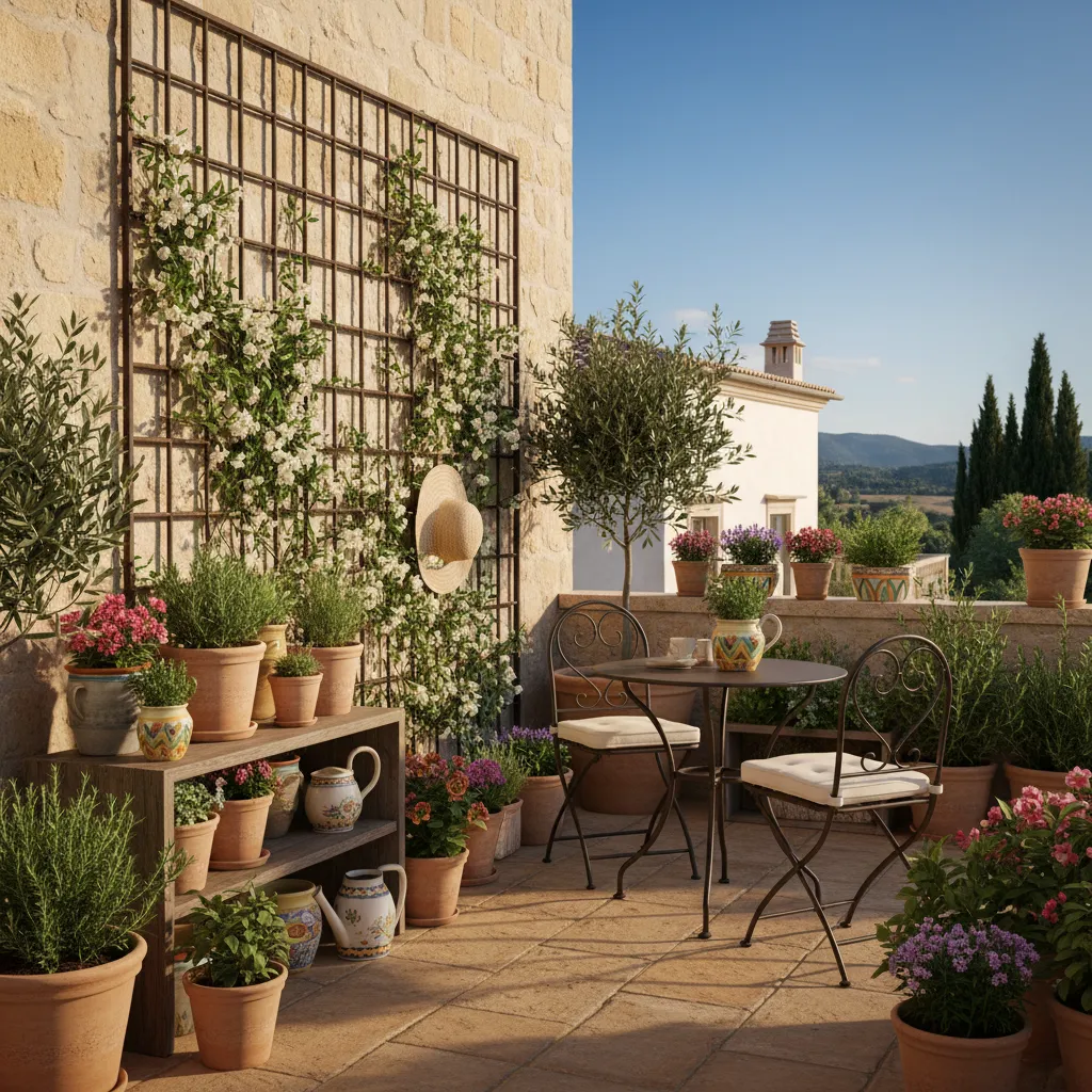 Kleine mediterrane Terrasse mit vertikaler Begrünung, Rankgitter, mehreren Kübelpflanzen und gemütlichem Sitzplatz