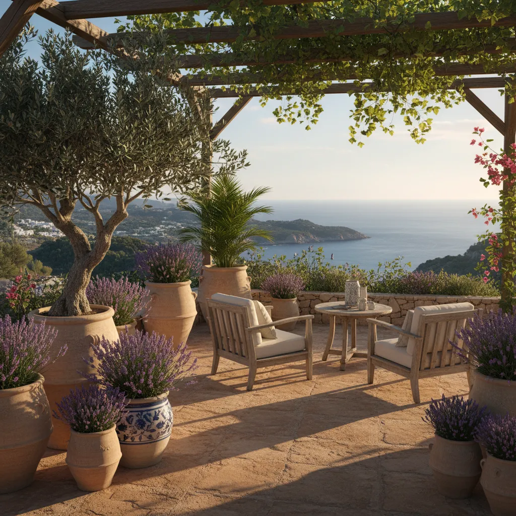 Mediterrane Terrasse mit Olivenbaum in Terrakottatopf, Lavendel, rustikalen Holzmöbeln und behaglichem Sitzbereich in warmen Farben
