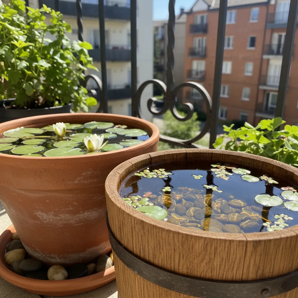 Bepflanzter Miniteich auf einem Balkon mit Wasserpflanzen, Zwergseerose und Hornkraut in einem Terrakotta-Behälter