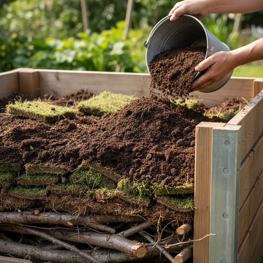 Hochbeet richtig befüllen: Die einzelnen Bodenschichten von Grobholz über Kompost bis zur Gartenerde werden sichtbar in das Hochbeet eingefüllt