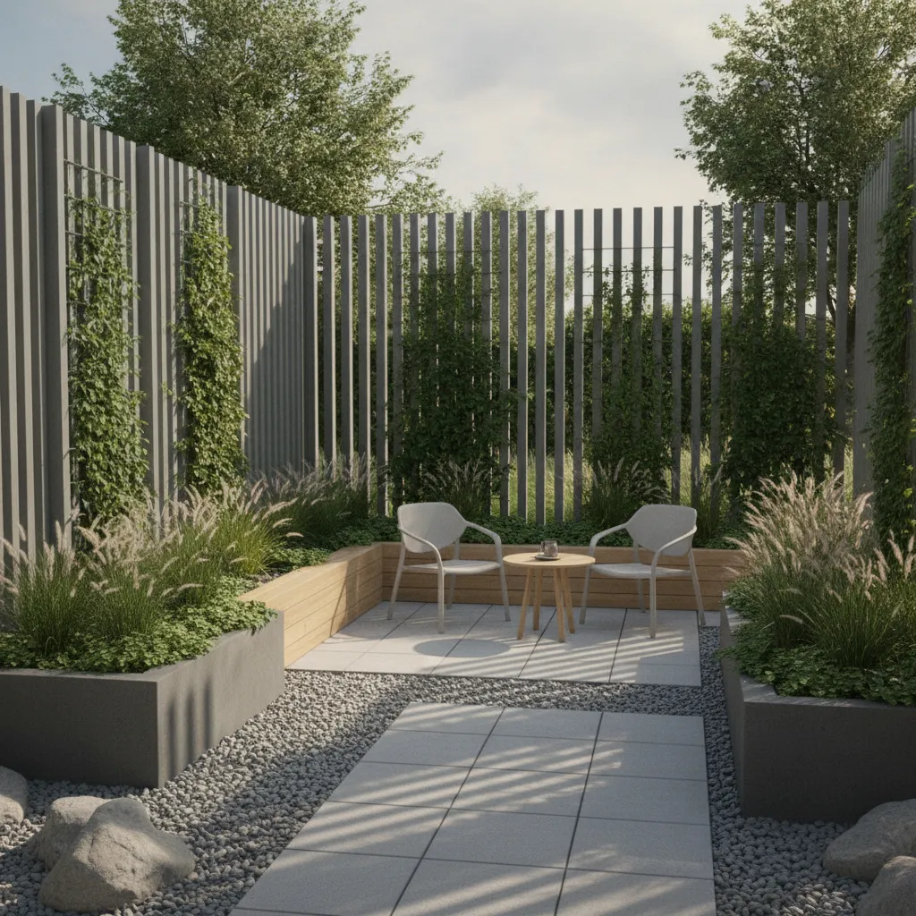 Kleine modern gestaltete Gartenfläche mit Hochbeeten, Ziergräsern und durchdachter Raumaufteilung für optimale Flächennutzung