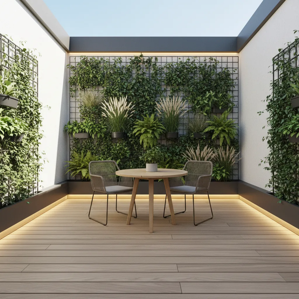 Kleine moderne Terrasse mit hellem Holzbelag, vertikalem Grünwandsystem und großen Kübelpflanzen – optimale Raumnutzung bei kompakten Abmessungen