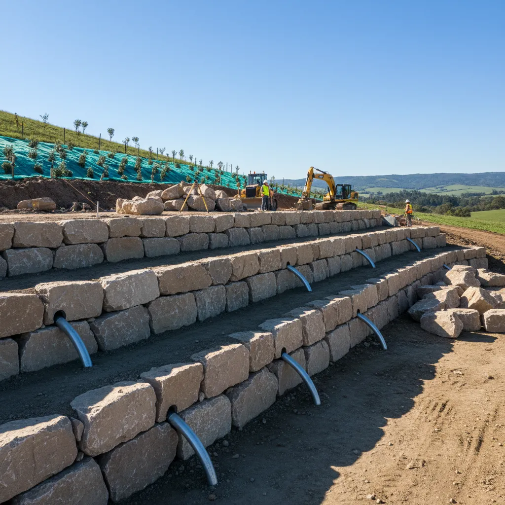 Stuetzmauer in Hanglage: Eine neue Natursteinmauer sichert einen Hang, mit Drainage und Hinterfuellung, Baustelle mit Bagger und Arbeiter sichtbar