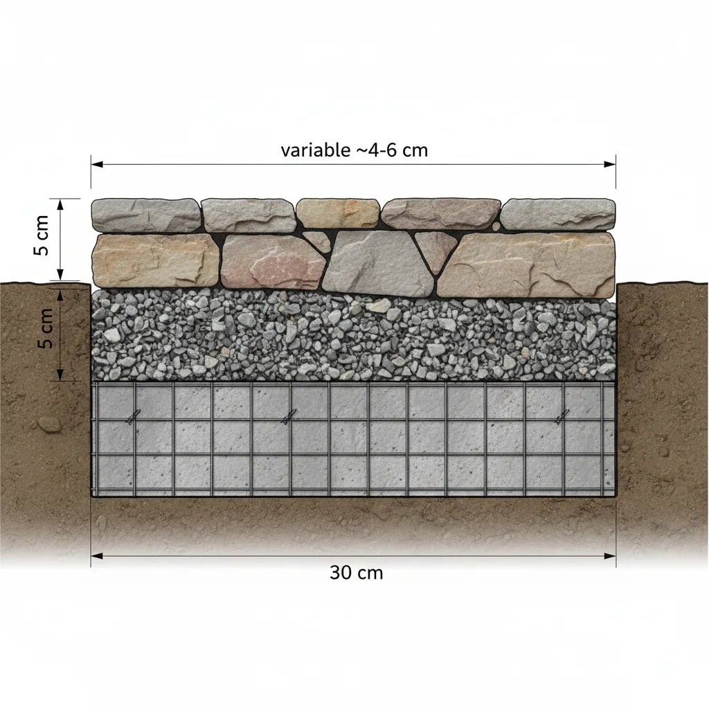 Querschnitt eines fachgerecht verlegten Natursteinpflasters mit Unterbau: 30cm Tragschicht aus Schotter, 5cm Splittschicht und Natursteine mit Fugen