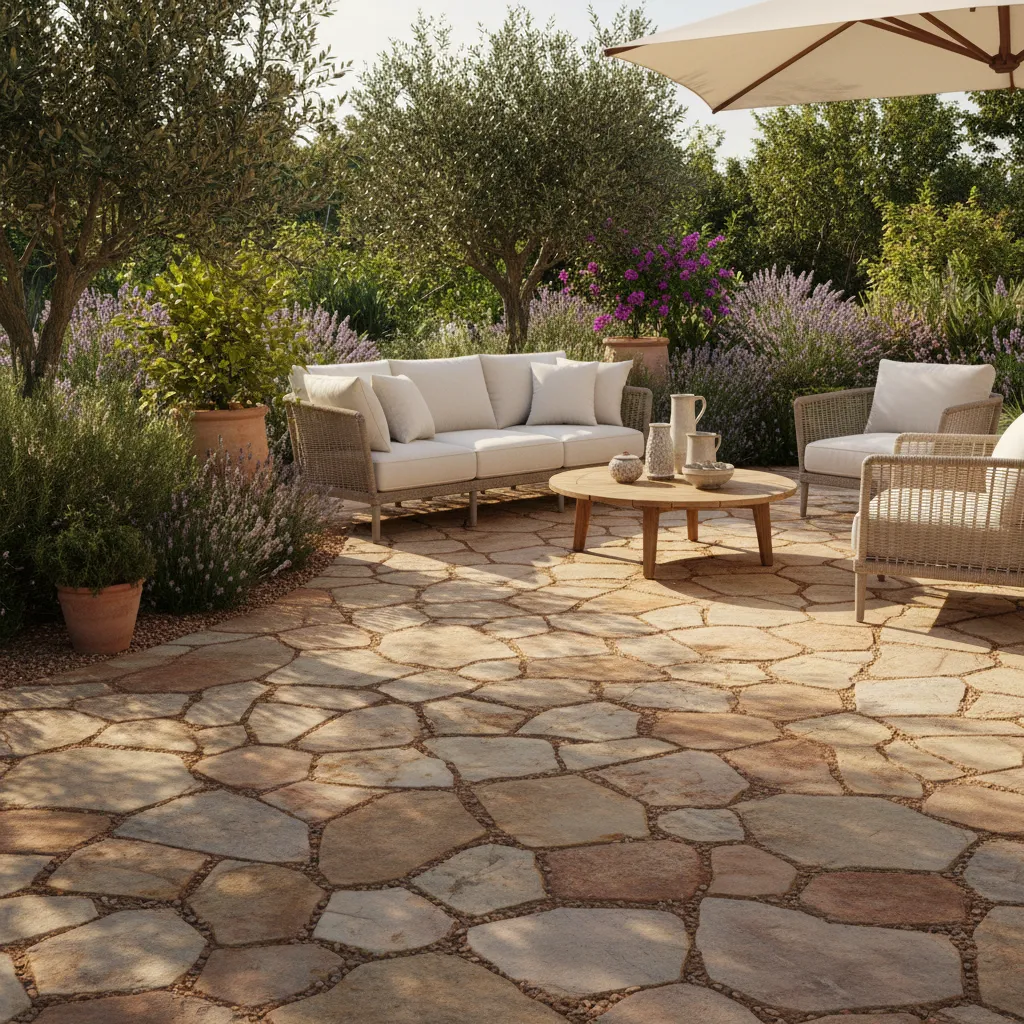 Fertiggestellte Terrasse mit Bruchsteinplatten und Polygonalplatten in warmen Erdtönen, mediterrane Bepflanzung, gemütlicher Sitzbereich