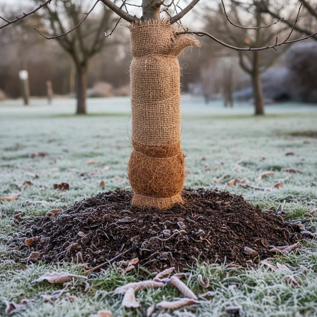 Stammschutz an einem Obstbaum: Jute- und Kokosfaserwicklung um den Baumstamm mit Mulchaufhäufung im Winter