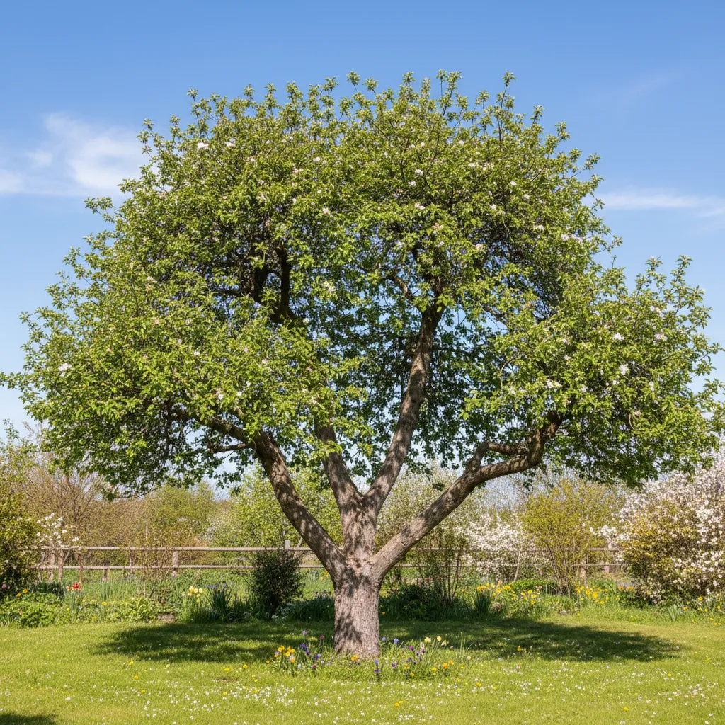 Gut strukturierter Apfelbaum mit optimaler Kronenform nach mehrjährigem Erziehungsschnitt – offene Struktur ermöglicht Sonnenlicht und Luftzirkulation